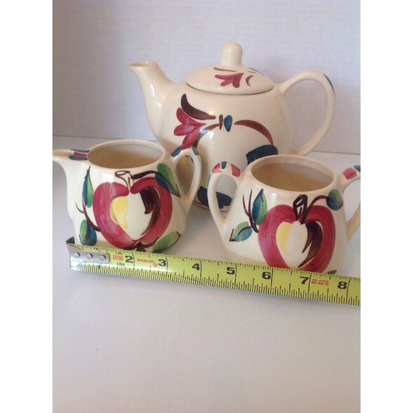 Purinton Apple Pottery slipware Tea/coffee pot with lid,‎ Creamer& Sugar 3 piece